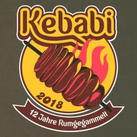 Logo mit dem Text 'Kebabi 2018' und einem Dönerspieß über Flammen, Untertext '12 Jahre Rumgegammel'.