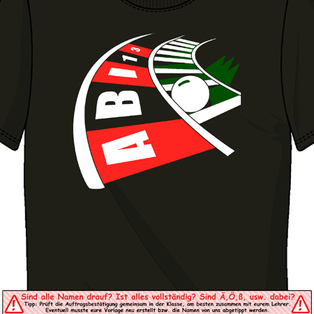 Dunkles T-Shirt mit einem Logo für Abitur, inklusive Text "ABI 13" und grafischen Elementen wie Feder und Apfel.