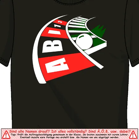 Dunkles T-Shirt mit einem Logo für Abitur, inklusive Text "ABI 13" und grafischen Elementen wie Feder und Apfel.