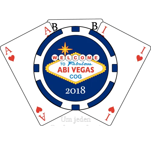 Pokerchip-Design mit 'Welcome to Fabulous ABI VEGAS 2018'-Schriftzug und Spielkarten-Symbolen.