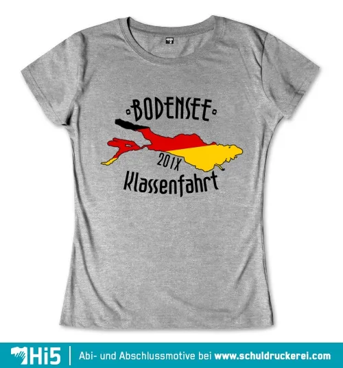 Graues T-Shirt mit einer Karte des Bodensees in Schwarz, Rot, Gelb und "Bodensee 20XX Klassenfahrt" Text.
