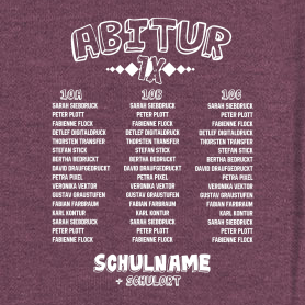 Schwarzes T-Shirt-Design mit dem Text "ABITUR 7X", Klassenzimmerbezeichnungen und Schulname.