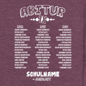 Schwarzes T-Shirt-Design mit dem Text "ABITUR 7X", Klassenzimmerbezeichnungen und Schulname.