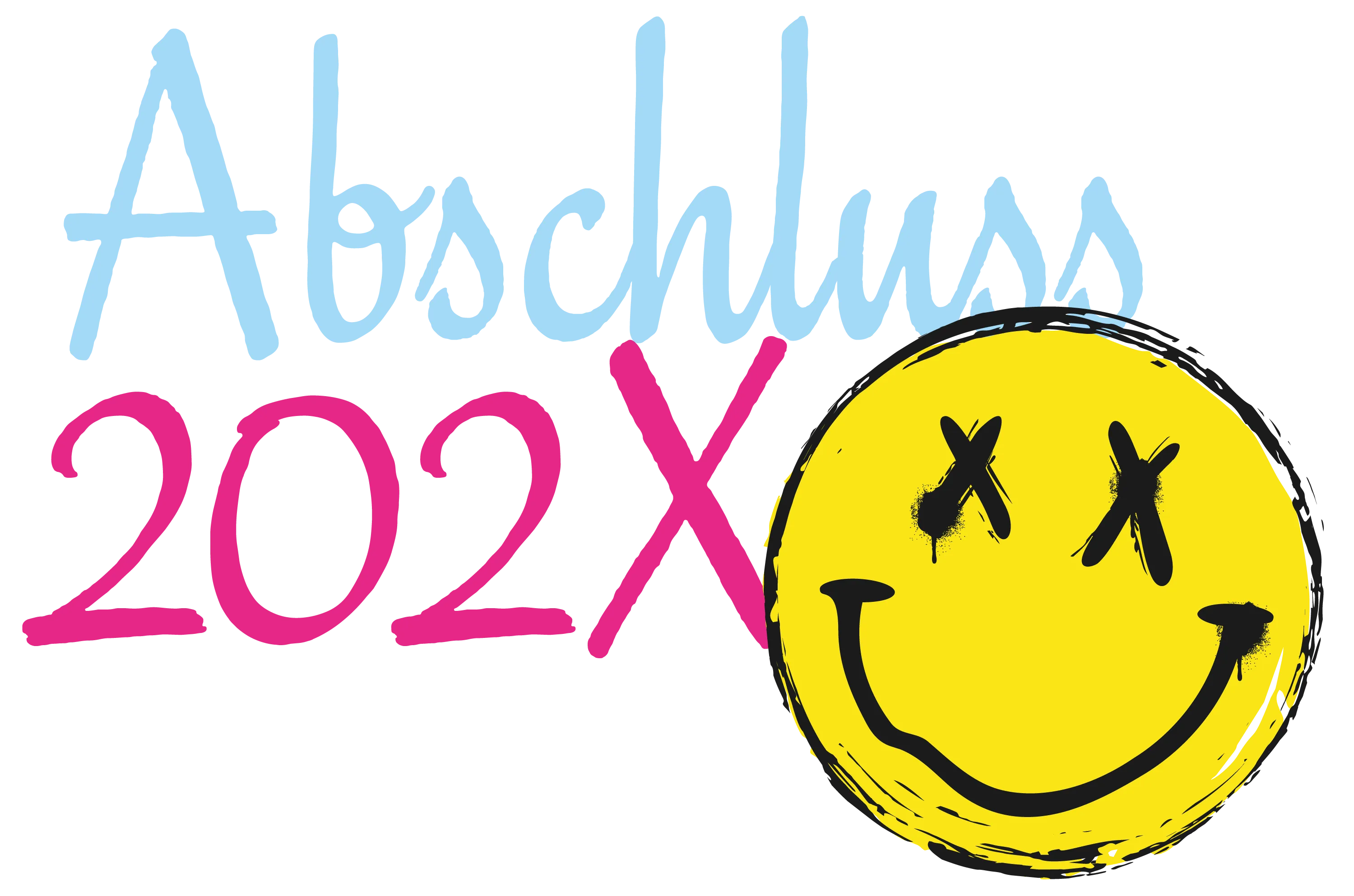 Grafik mit Schriftzug Abschluss 202X in Blau und Pink neben einem gelben Smiley mit gekreuzten Augen und schwarzem Mund