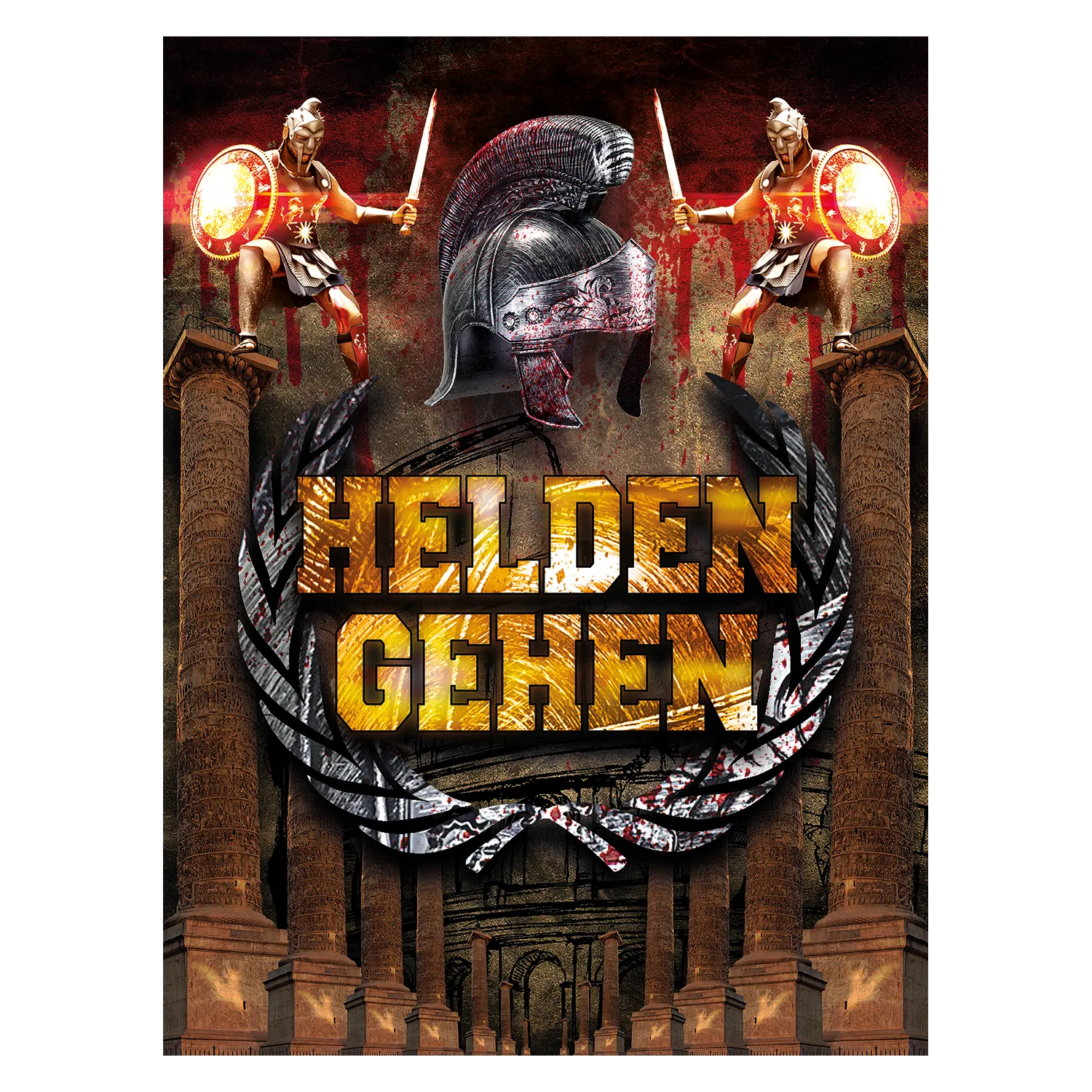 Zwei fantasy Krieger in Rüstungen neben einem alten Helm und saulen, mit dem Text "HELDEN GEHEN".