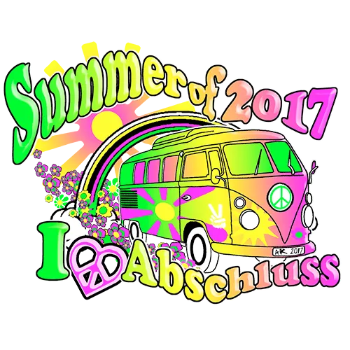 Illustration eines bunten Vans mit Regenbogen, "Summer of 2017" und "I❤️Abschluss" Text.