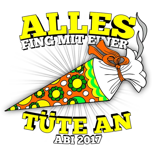 Design einer Schultüte mit Text "Alles fing mit einer Tüte an, Abi 2017" auf lila Hintergrund.