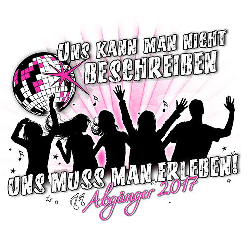 Illustration eines Abschluss-T-Shirts mit Silhouetten, einer Diskokugel und dem Text "Abgänger 2017".