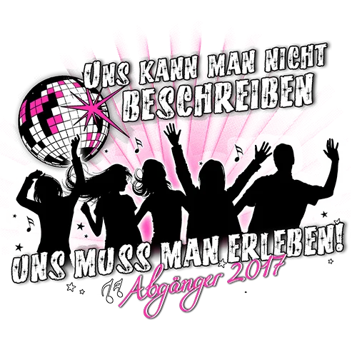 Illustration eines Abschluss-T-Shirts mit Silhouetten, einer Diskokugel und dem Text "Abgänger 2017".