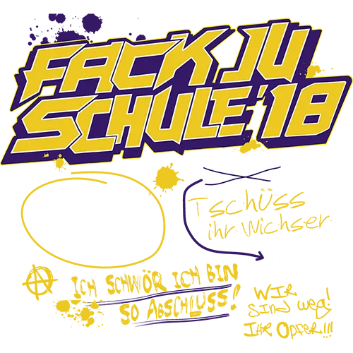 Gelber und lila Text "Fack Ju Goethe" und "Schule 17" auf zerrissenem Hintergrund.
