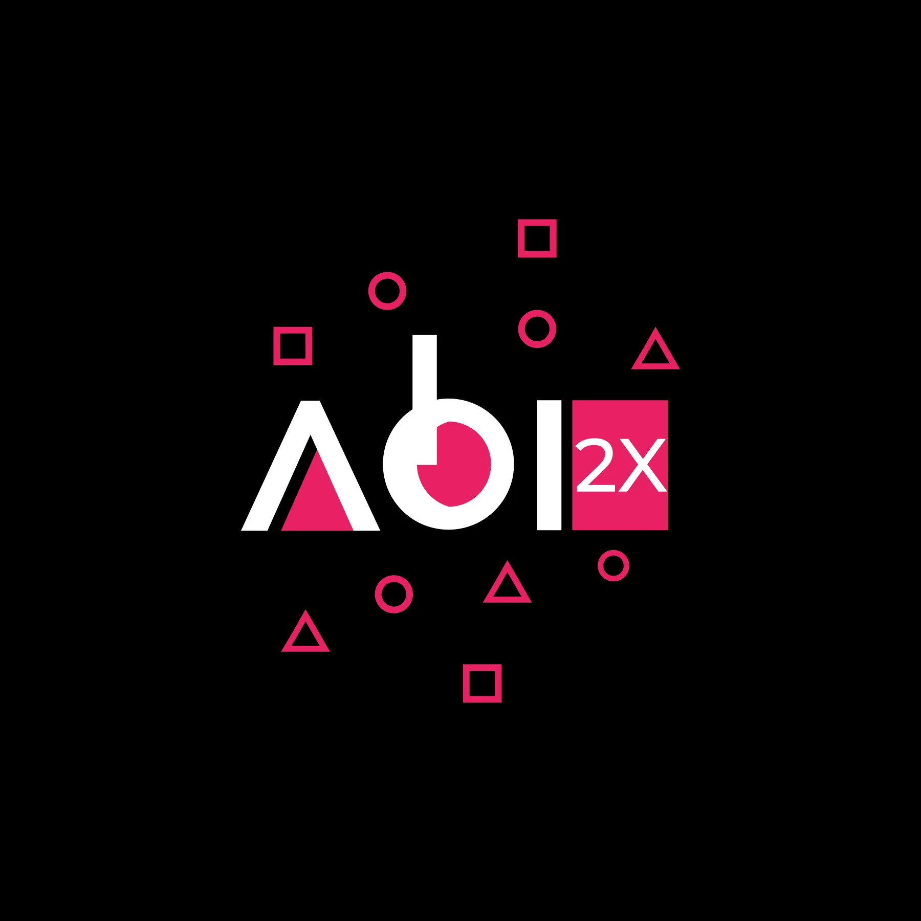 Schwarzer Hintergrund mit zentralem Schriftzug A b i 2X in Weiss und Pink umgeben von pinken Umrissen von Kreisen Quadraten und Dreiecken