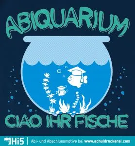Illustration eines Aquariums mit zwei Fischen in Doktorhüten und dem Text "Ciao ihr Fische".