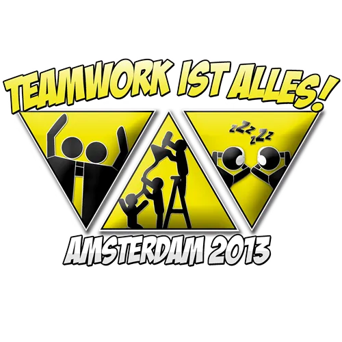Graphisches Poster mit dem Text "TEAMWORK IST ALLES!" und "AMSTERDAM 2013" neben symbolischen Darstellungen von Personen in Teamarbeits-Szenen.