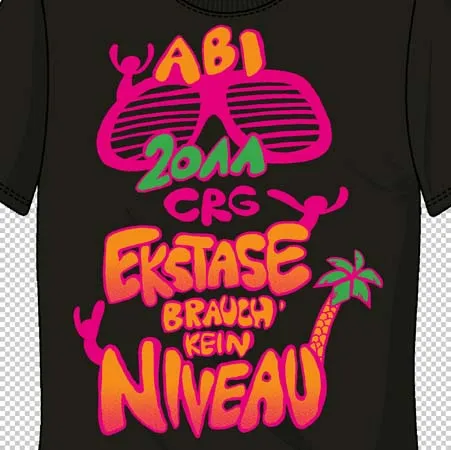 Schwarzes T-Shirt mit buntem Aufdruck inklusive Text "ABI 2021, Ekstase brauch kein Niveau", einer Sonnenbrille und Palme.