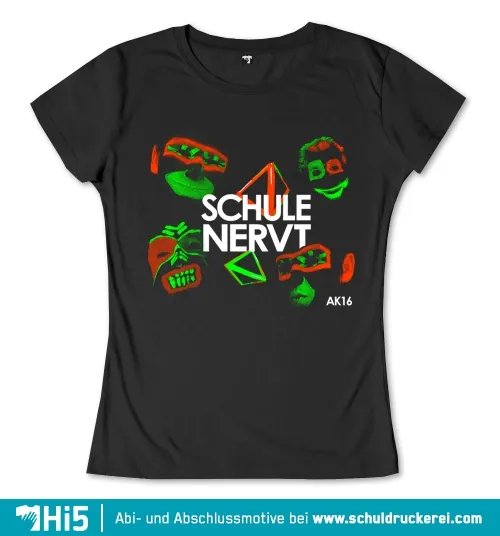 Verschiedenfarbige Masken und geometrische Formen auf schwarzem Hintergrund mit Text "SCHULE NERVT".