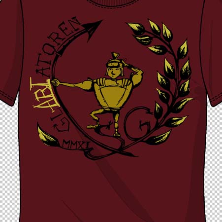 Rotes T-Shirt mit goldener Grafik eines Charakters in einer Amphore, umgeben von Lorbeerkranz und Text.