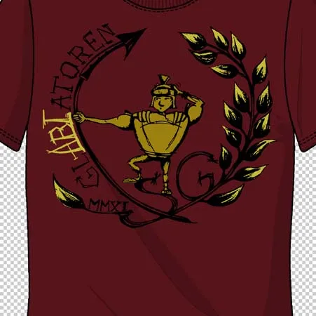 Rotes T-Shirt mit goldener Grafik eines Charakters in einer Amphore, umgeben von Lorbeerkranz und Text.