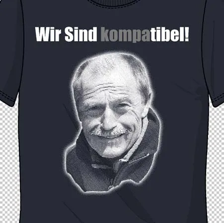 Schwarzes T-Shirt mit dem Porträt eines lächelnden Mannes und dem Text "Wir Sind kompatibel!" oben.