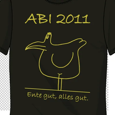 Schwarzes T-Shirt mit gelber Aufschrift "ABI 2011" und einer Zeichnung eines Vogels, darunter steht "Ente gut, alles gut."