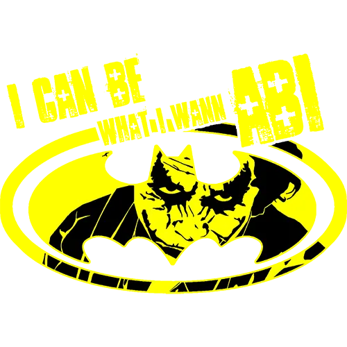 Grafikdesign auf grauem T-Shirt mit gelbem Batman-Logo und Text 'I CAN BE WHAT_I_WANN AB!'.