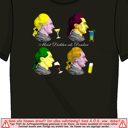 Ein schwarzes T-Shirt mit vier farbigen Porträts und Getränken in den Händen.