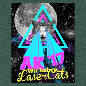 Eine grafische Darstellung mit einer Katze, deren Augen Laserstrahlen aussenden, umgeben von geometrischen Formen und einem Mond im Hintergrund.