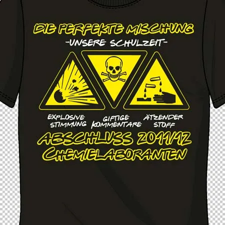 Schwarzes T-Shirt mit gelben Warndreiecken, Text "Abschluss 2011/12 Chemielaboranten".