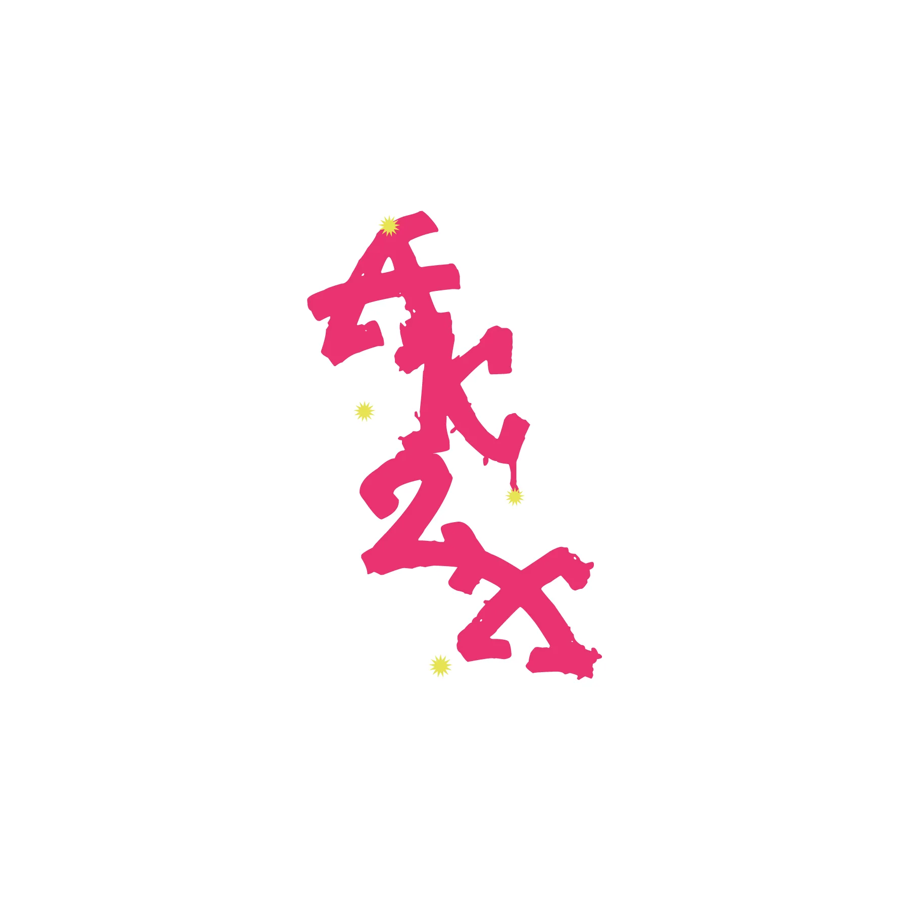 Grafische Komposition mit pinkfarbenen stilisierten Buchstaben A K Z X diagonal auf weißem Hintergrund mit gelben Sternakzenten
