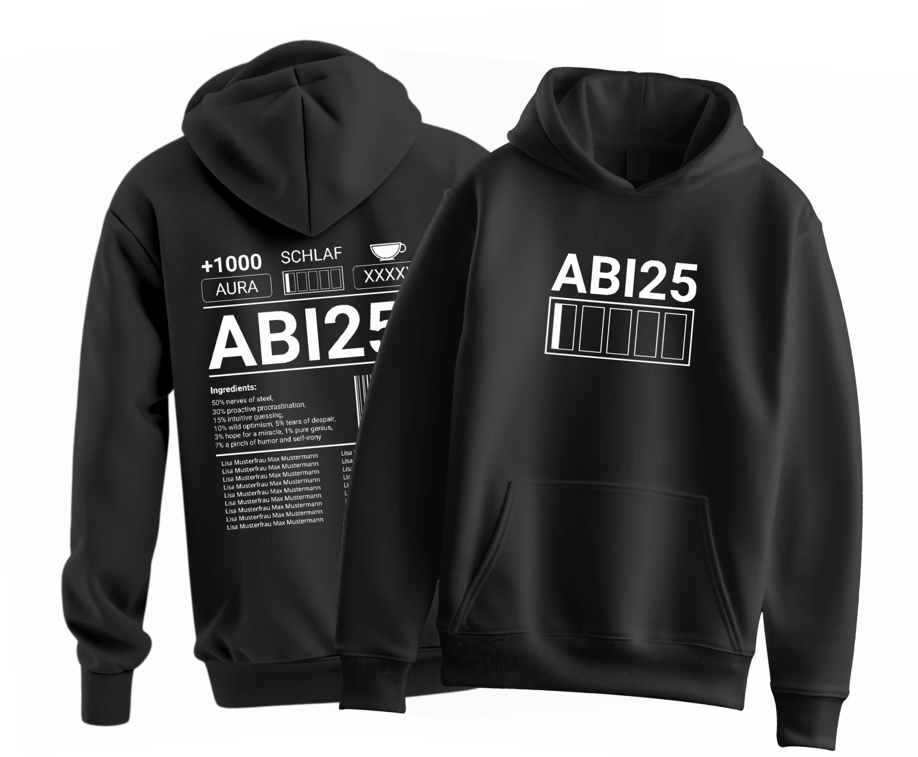 Schwarzer Kapuzenpullover mit weissem ABI25 Schriftzug und fuenf leeren Kasten vorn und auf der Rueckseite weisse Icons Balken und eine Zutatenliste