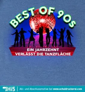 Silhouetten von Menschen tanzen vor einer Discokugel mit der Aufschrift "Best of 90s".