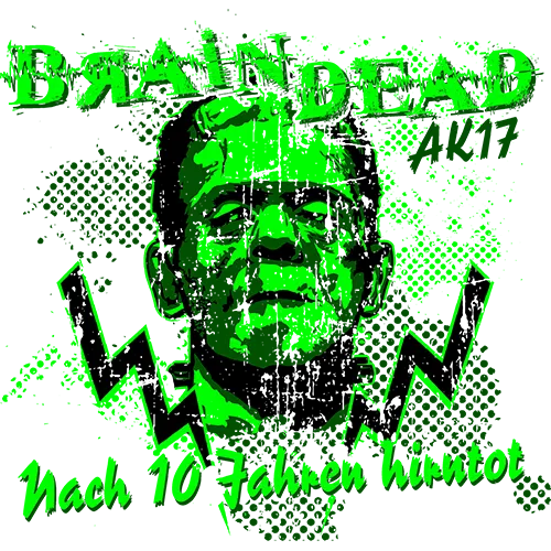 Grünes Zombie-Porträt auf dunkelblauem Hintergrund mit Blitzen und Text "Braindead AK17 Nach 10 Jahren hirntot".
