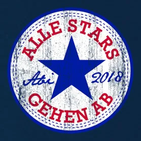 Rundes Logo mit einem großen blauen Stern und dem Text "All Stars gehen ab Ati 2018" auf weißem, texturiertem Hintergrund.