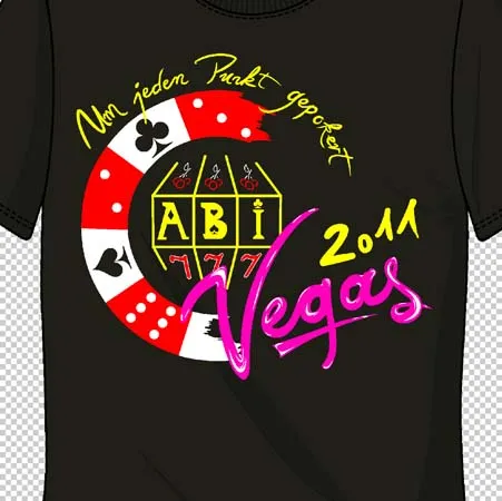 Schwarzes T-Shirt mit "ABI Vegas 2011" Design und Glücksspiel-Motiven in Rot, Gelb und Weiß.
