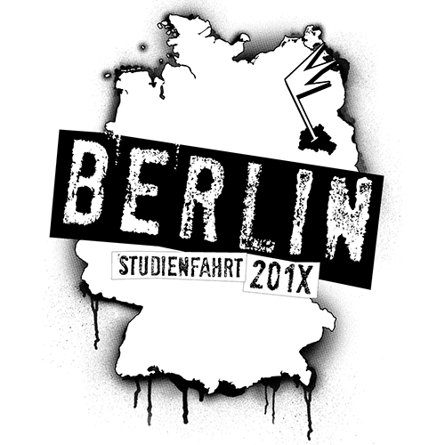 Grafik auf grauem Stoff mit der Silhouette von Berlin, Text "BERLIN STUDIENFAHRT 201X" und einer tanzenden Figur.