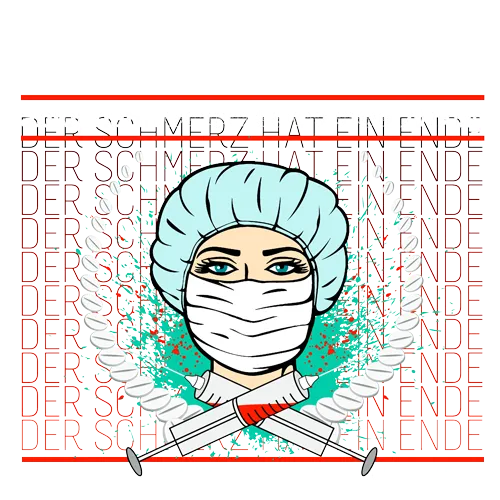 Abstrakte Illustration einer medizinischen Fachkraft mit Maske und Spritze, umgeben von Text und Dekoration.