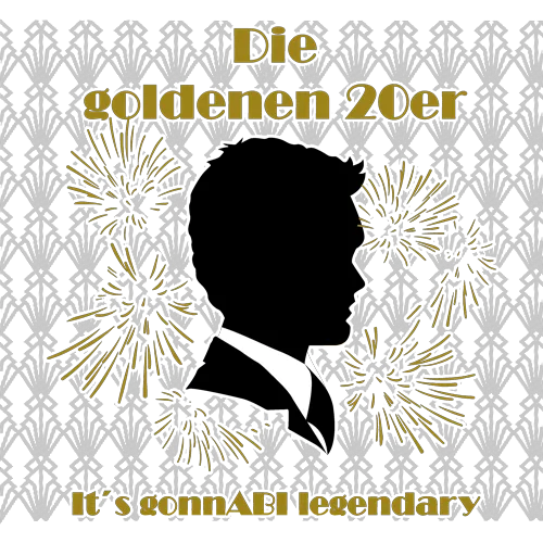 Silhouette eines Mannes im Anzug mit Feuerwerksdesign auf dunklem Hintergrund und Text "Die goldenen 20er".