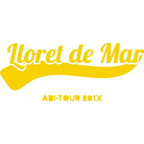 Text "Lloret de Mar ABI-TOUR 201X" in geschwungener Schrift auf schwarzem Hintergrund.
