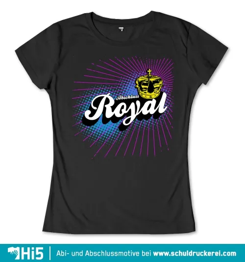 Schwarzer Hintergrund, Text "Abschluss Royal", goldene Krone darüber, rosa und blaue Punkthalftonstrahlen.