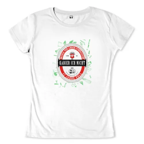 Runder Bierdeckel mit Logo des Maria von Linden-Gymnasiums und dem Text "Kabier ich nicht", umgeben von grünen Glassplittern.