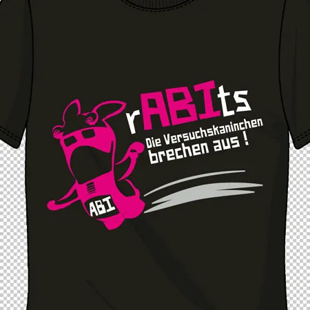 Schwarzes T-Shirt mit einem pinken Versuchskaninchen und dem Text "rABIts Die Versuchskaninchen brechen aus!".