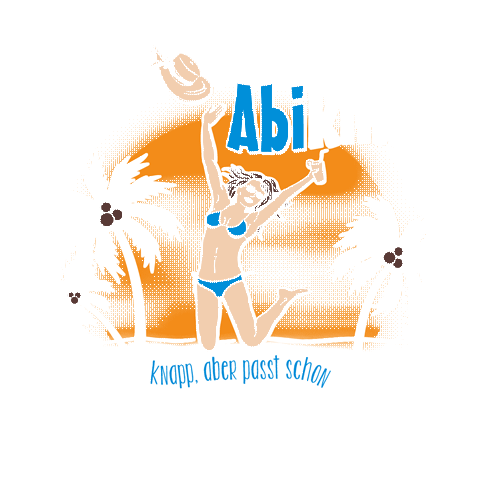 Eine Frau in einem blauen Bikini wirft jubelnd ihren Hut in die Luft, "Abi" und "knapp, aber passt schon" Text, Palmen im Hintergrund.