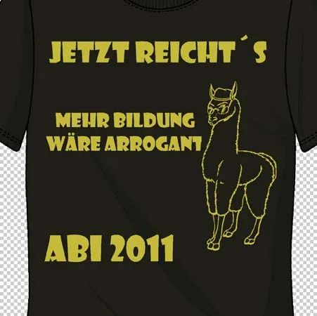 Schwarzes T-Shirt mit gelbem Text und Lama-Illustration, "ABI 2011".