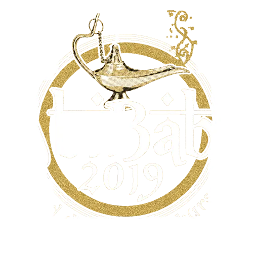 Logo mit einer Wunderlampe, "AbiBaba 2019 und die 40 Unterkurse" Text auf blauem Hintergrund.