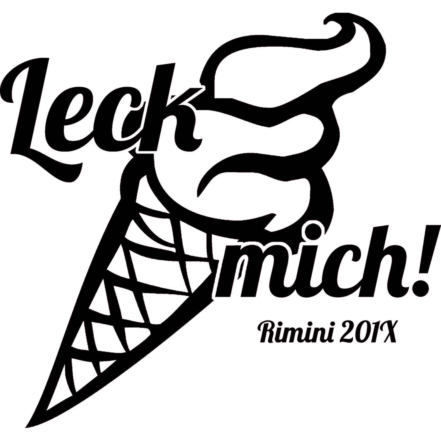 Schwarze Umrisse eines Eiscremekegels mit dem Schriftzug "Leck mich! Rimini 201X".