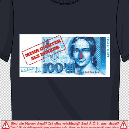 Schwarzes T-Shirt mit einem großen Aufdruck eines stilisierten 100-Euro-Scheins.