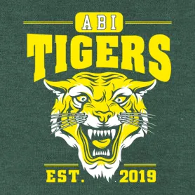 Gelber Tigerkopf mit "ABI TIGERS EST. 2019" Text auf grünem Hintergrund.