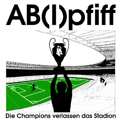 Schwarz-weiße Grafik von einem Menschen, der einen Pokal in einem Fußballstadion hochhält.