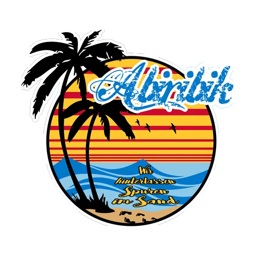 Logo mit Palmen, Sonnenuntergang und Text "Airtribe" im Strandmotto.