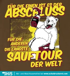 Illustration eines Eisbären, der eine Bierflasche hält, mit Spruch über Abschluss und Feiern.