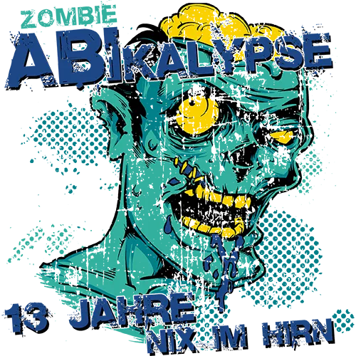 Grafik eines Zombiekopfes mit gelben Augen und Titel "Zombie Abikalypse, 13 Jahre Nik im Hirn".